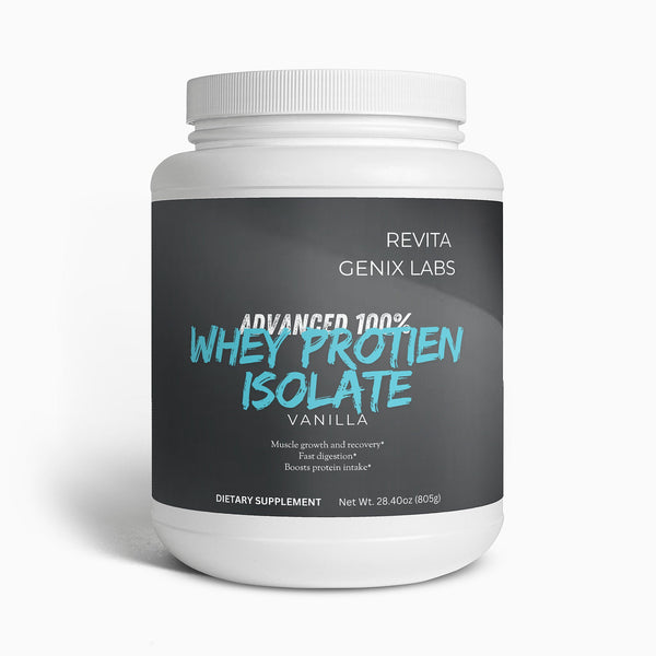 Revita Genix Labs whey protein isolate vanilla dietary supplement in white container for muscle growth and recovery