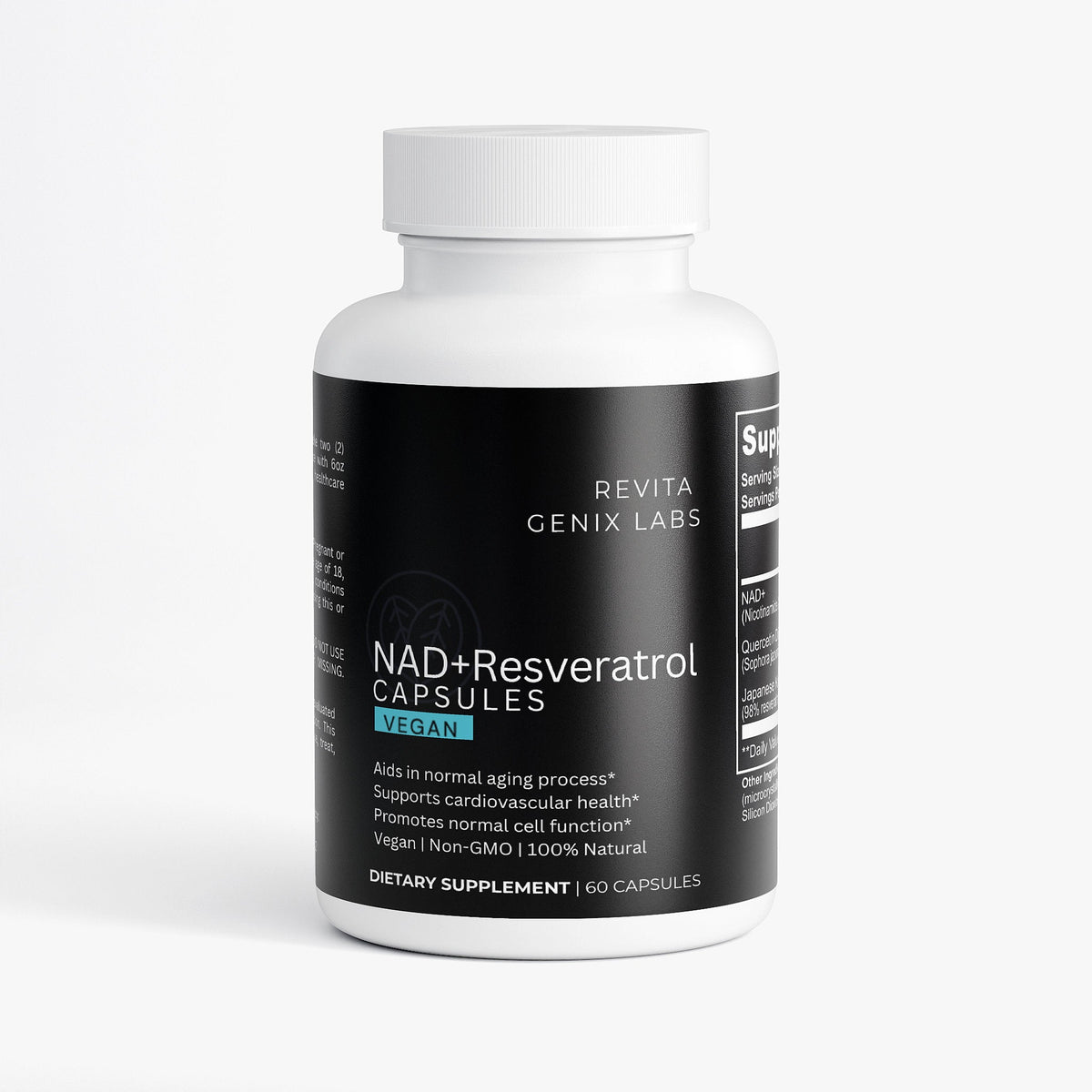 Revita Genix Labs premium NAD Resveratrol supplements bottle with 60 vegan capsules for aging support