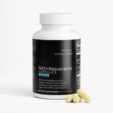 Revita Genix Labs premium NAD Resveratrol supplements bottle with vegan capsules for aging and heart health