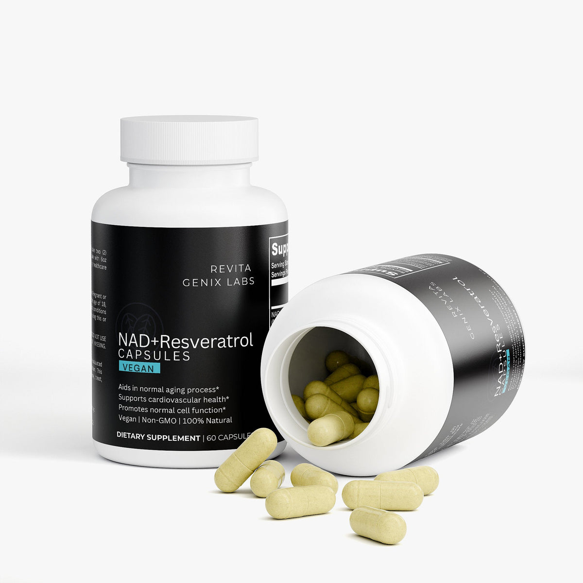 Revita Genix Labs premium NAD Resveratrol supplements bottle with capsules spilling out