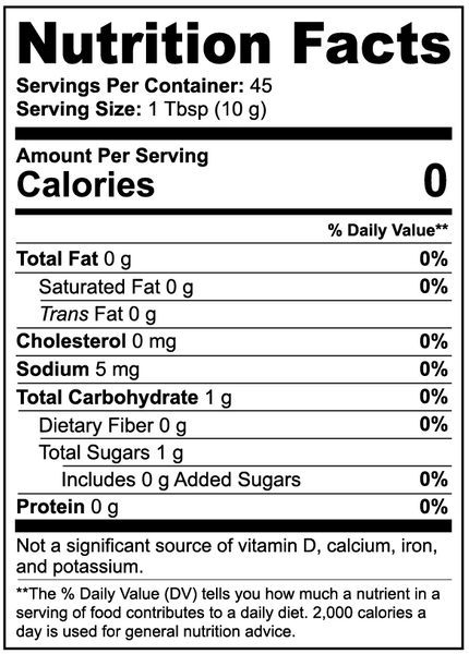 Nutrition facts label for Manuka honey coffee by Revita Genix Labs showing zero calories and detailed nutrient content